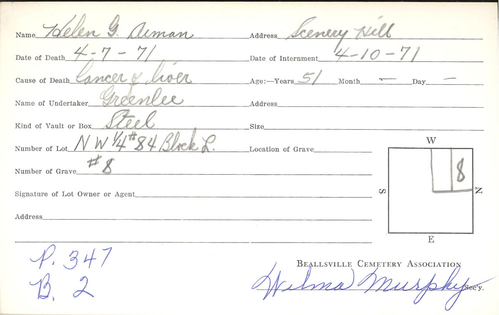 Helen G. Aiman burial card